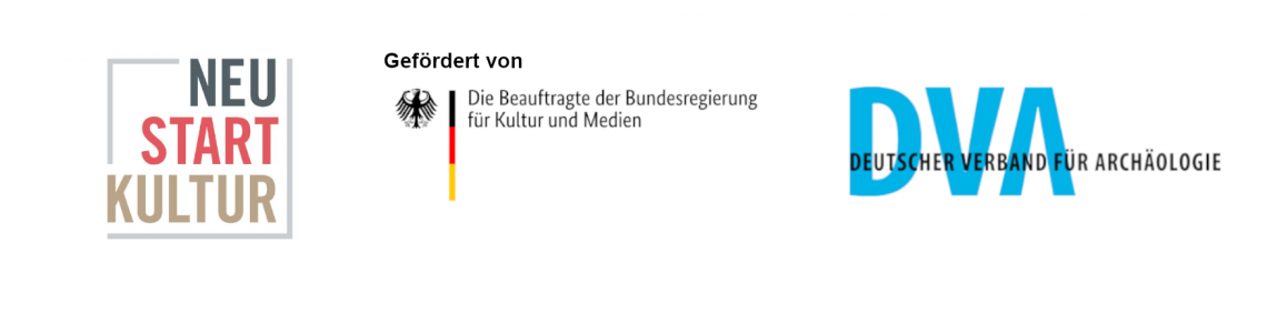 Logos: Programm &quot;Neu Start Kultur&quot;, in den Farben schwarz rot gold / Gefördert von Bundesadler mit der Schrift &quot;Die Beauftragte der Bundesregierung für Kultur und Medien&quot; / &quot;DVA - Deutscher Verband für Archäologie&quot;